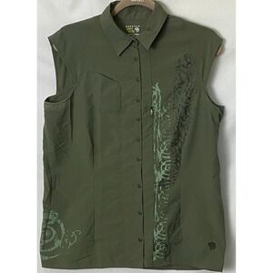 Mountain Hardware Womens Sleeveless Shirt Olive Green Tribal Print Pockets Sz 10